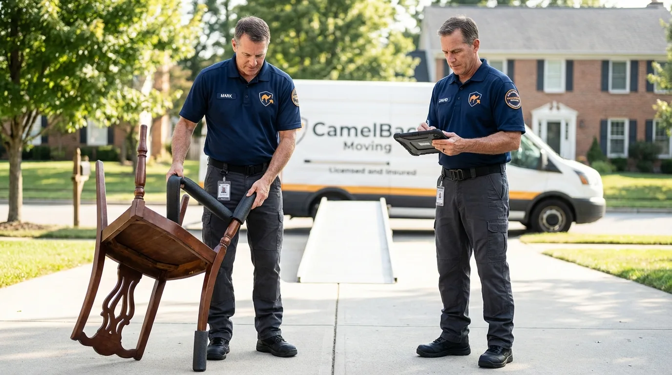 Movers inspecting furniture for damage prevention before loading in Cherokee, IA