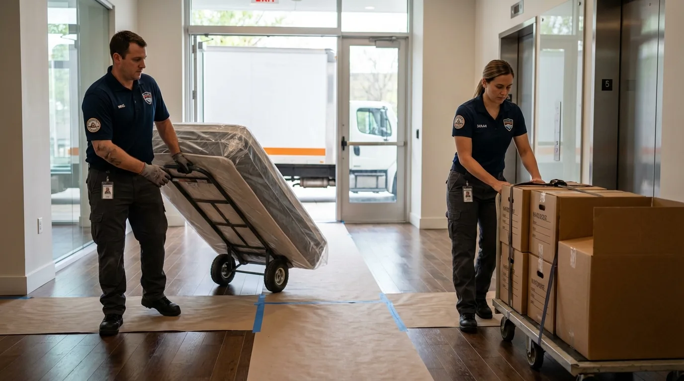 Professional apartment movers loading elevator in Cherokee, IA